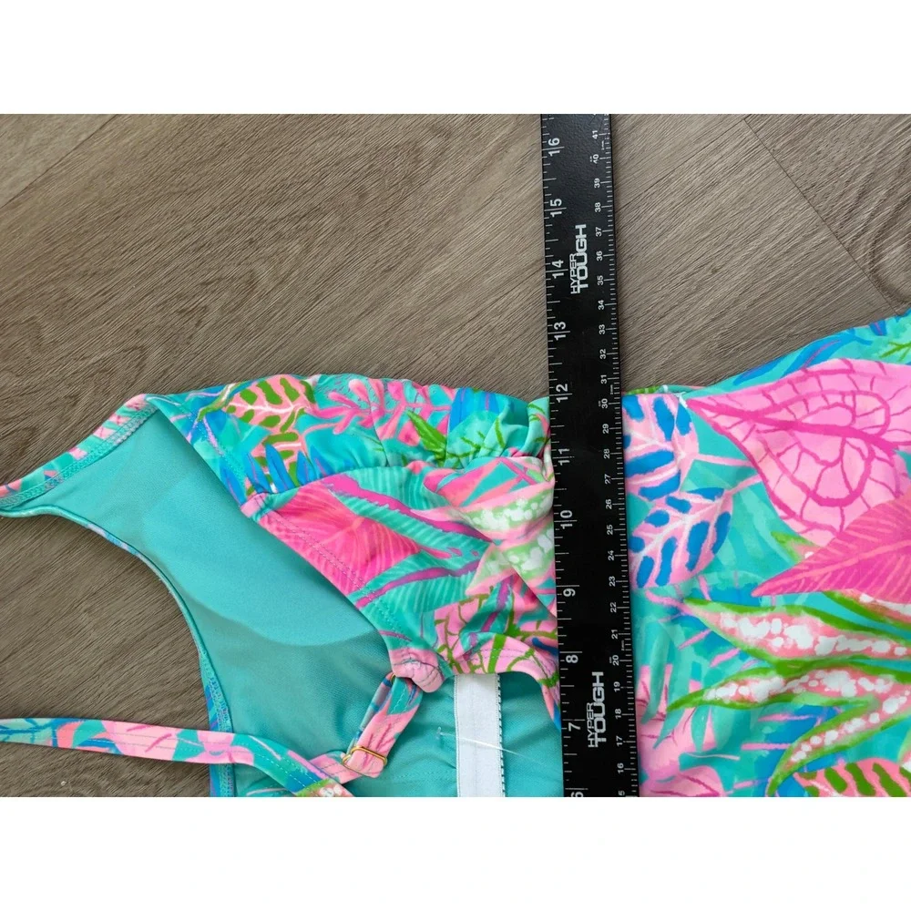 Lilly Pulitzer Tropical Leaf Print One Piece Swimsuit Ruched Pink Teal Blue